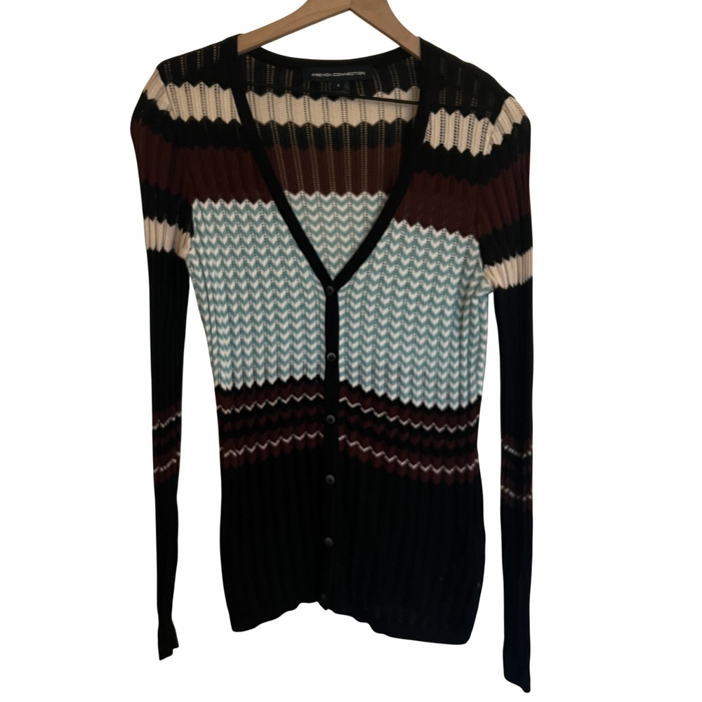French Connection Chevron Pointelle Multicolor Knit Cardigan, Women's Size Small